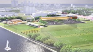 Rendering of the Detroit WNBA practice facility and youth sports academy on the former Uniroyal site along the east riverfront